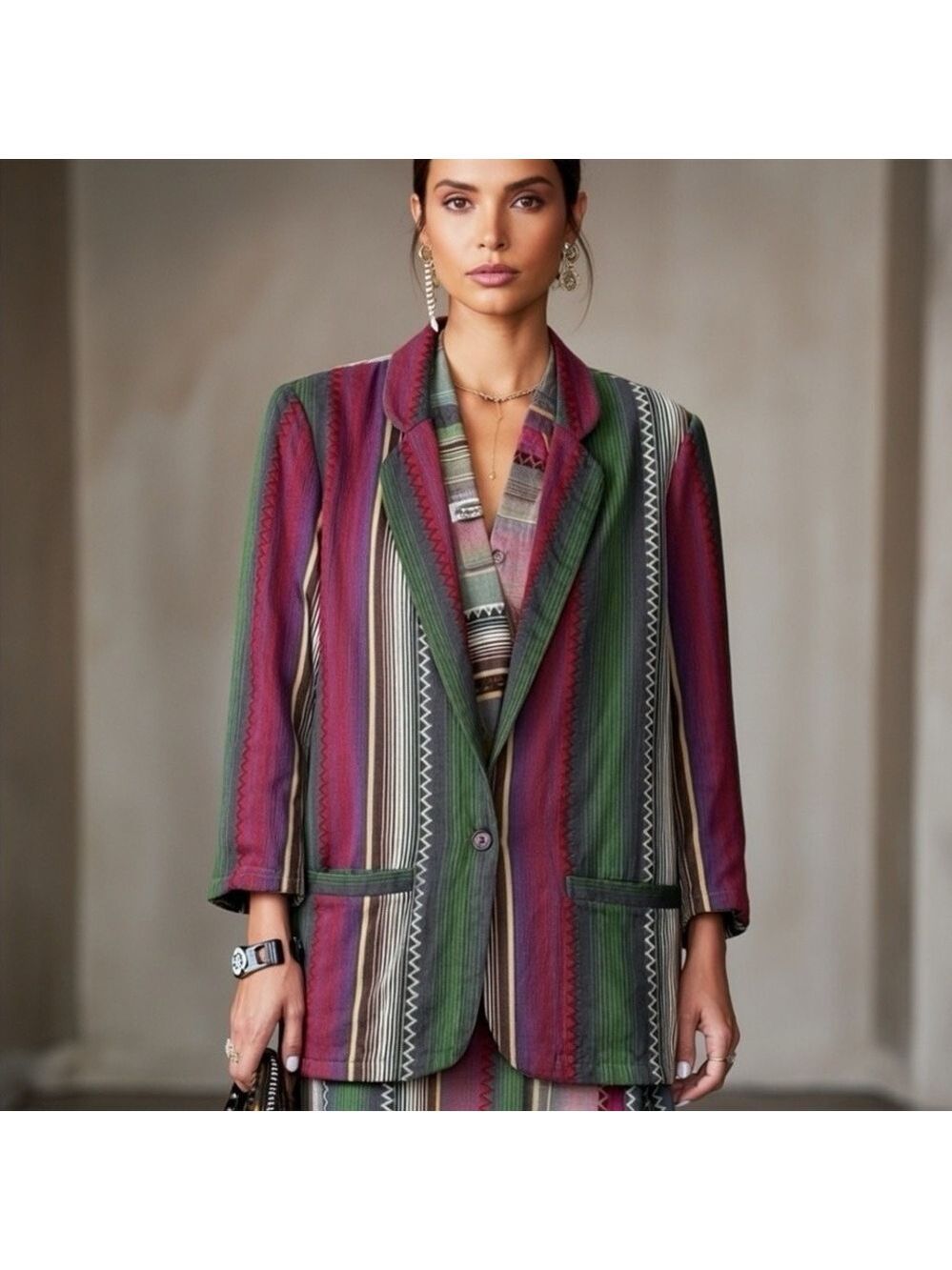 Vintage 90s Angelique Imp NYC Multicolor Striped Cotton Boho Blazer Jacket